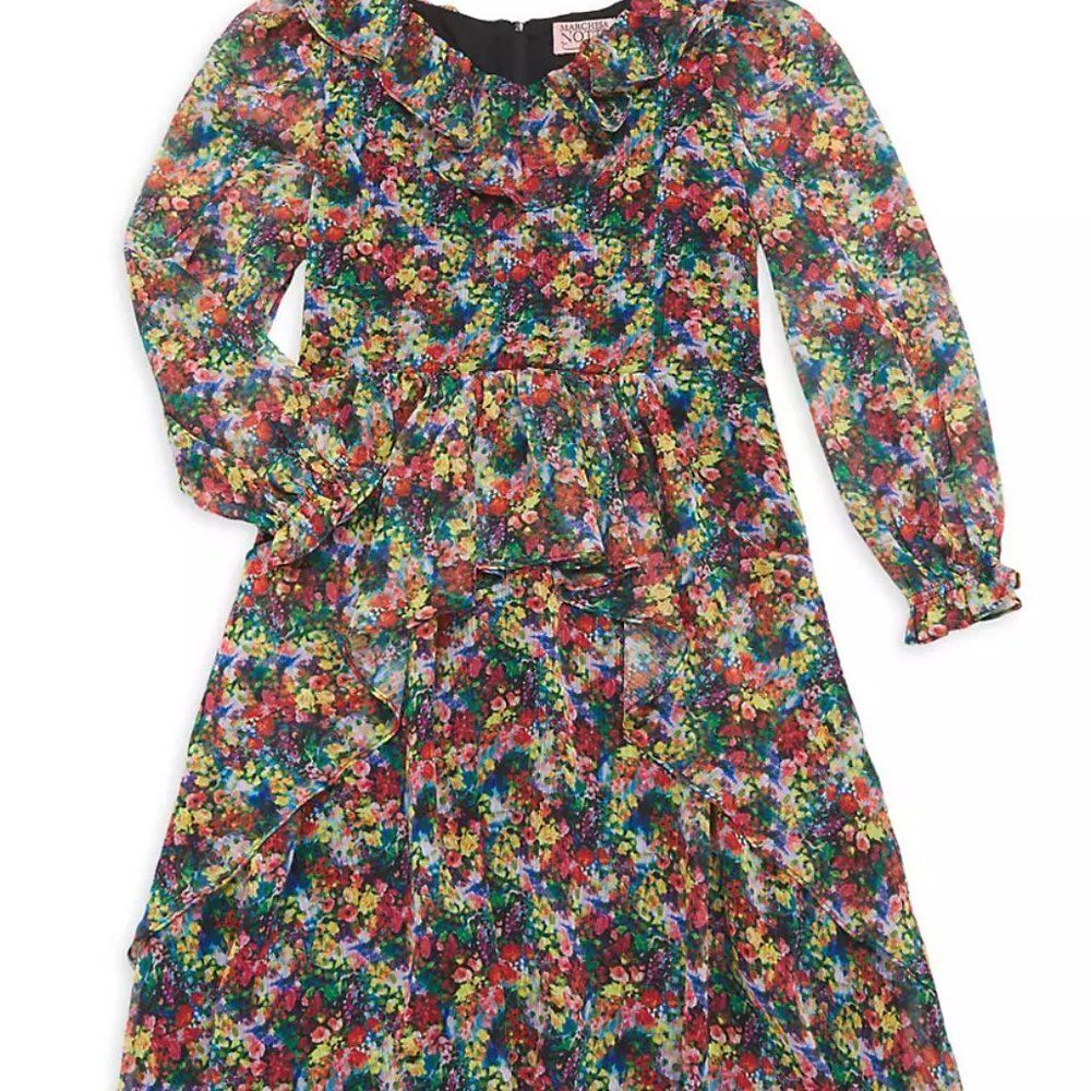 MARCHESA NOTTE MINI Girl's Floral Printed Chiffon Ruffled Dress, Size 10